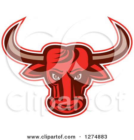 Clipart of a Retro Red Longhorn Bull Outlined in Red and White - Royalty Free Vector Illustration by patrimonio