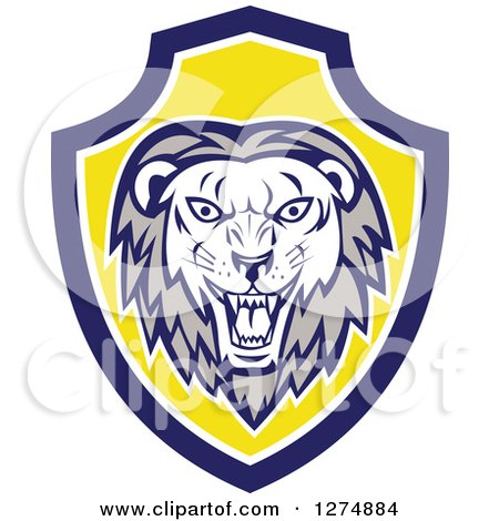 Clipart of a Retro Roaring Lion Head in a Blue White and Yellow Shield - Royalty Free Vector Illustration by patrimonio