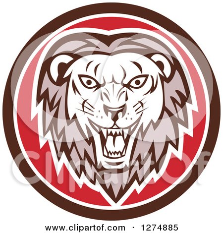 Clipart of a Retro Roaring Lion Head in a Brown White and Red Circle - Royalty Free Vector Illustration by patrimonio