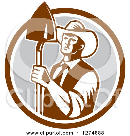 Clipart of a Retro Woodcut Male Farmer Holding a Shovel in a Brown White and Gray Circle - Royalty Free Vector Illustration by patrimonio