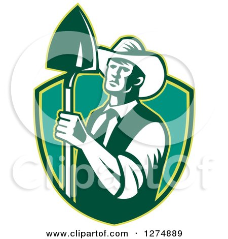 Clipart of a Retro Woodcut Male Farmer Holding a Shovel in a Bgreen Shield - Royalty Free Vector Illustration by patrimonio