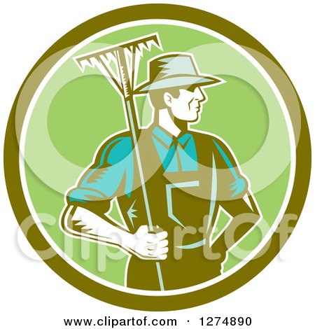 Clipart of a Retro Woodcut Male Gardener or Farmer Holding a Rake in a Green and White Circle - Royalty Free Vector Illustration by patrimonio