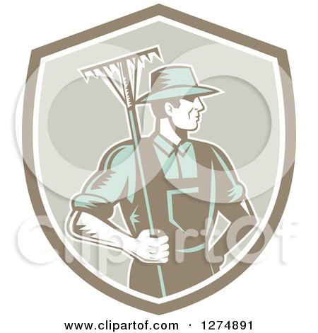Clipart of a Retro Woodcut Male Gardener or Farmer Holding a Rake in a Shield - Royalty Free Vector Illustration by patrimonio