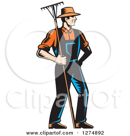 Clipart of a Retro Woodcut Male Gardener or Farmer Holding a Rake - Royalty Free Vector Illustration by patrimonio