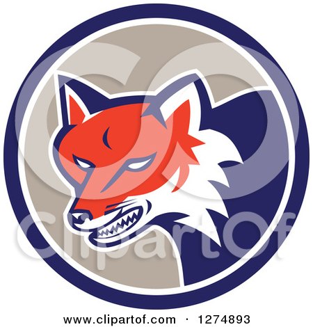Clipart of a Retro Fox Head Snarling in a Blue White and Taupe Circle - Royalty Free Vector Illustration by patrimonio