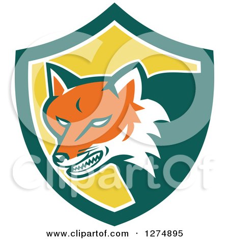 Clipart of a Retro Fox Head Snarling in a Green White and Yellow Shield - Royalty Free Vector Illustration by patrimonio