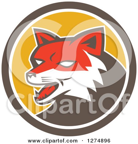 Clipart of a Retro Fox Head in a Brown White and Yellow Circle - Royalty Free Vector Illustration by patrimonio