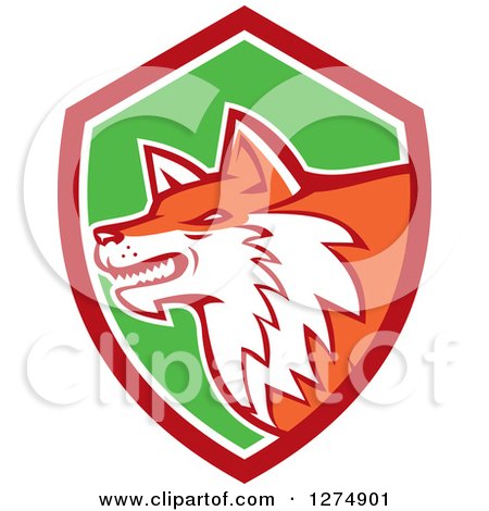 Clipart of a Retro Fox Head in Profile Inside a Red White and Green Shield - Royalty Free Vector Illustration by patrimonio
