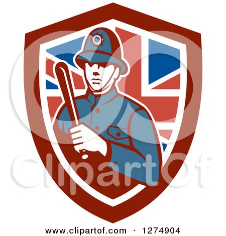 Clipart of a London Bobby Police Officer Holding a Baton in a British Flag Shield - Royalty Free Vector Illustration by patrimonio