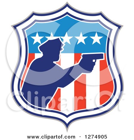 Clipart of a Retro Blue Silhouetted Male Police Officer Aiming a Firearm in an American Flag Circle - Royalty Free Vector Illustration by patrimonio