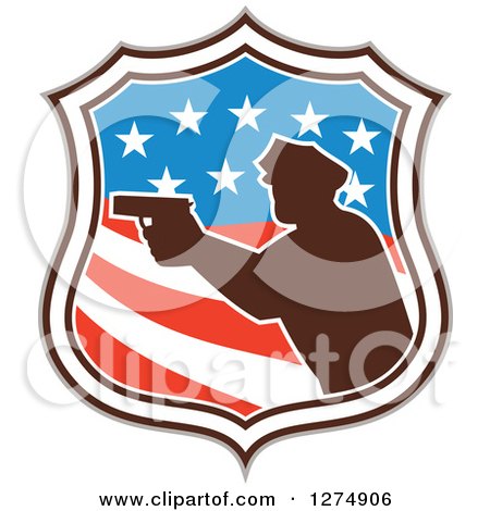 Clipart of a Retro Silhouetted Male Police Officer Aiming a Firearm in an American Flag Circle - Royalty Free Vector Illustration by patrimonio