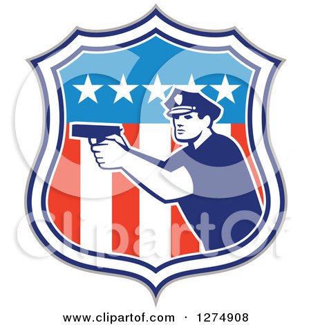 Clipart of a Retro Male Police Officer Aiming a Firearm in an American Flag Shield - Royalty Free Vector Illustration by patrimonio