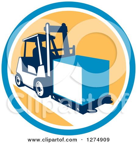 Clipart of a Retro Forklift Moving a Box in a Blue White and Yellow Circle - Royalty Free Vector Illustration by patrimonio