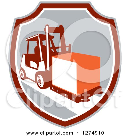 Clipart of a Retro Forklift Moving a Box in a Gray Maroon and White Shield - Royalty Free Vector Illustration by patrimonio