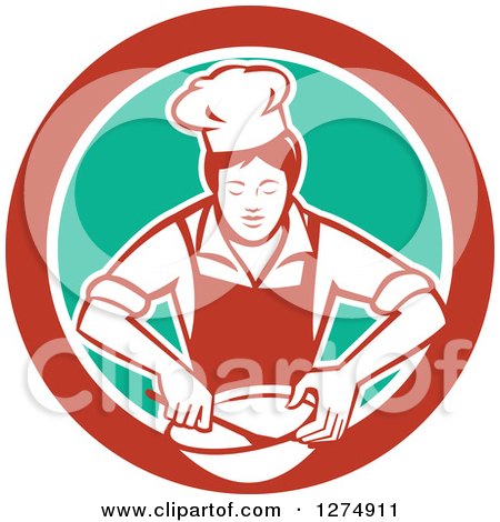 Clipart of a Retro Female Chef Mixing Ingredients in a Bowl Inside a Red White and Green Circle - Royalty Free Vector Illustration by patrimonio