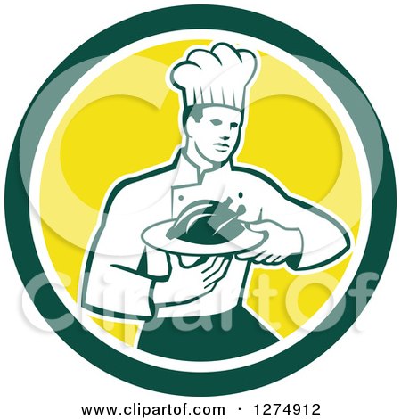 Clipart of a Retro Male Chef Holding a Roasted Chicken on a Plate in a Green White and Yellow Circle - Royalty Free Vector Illustration by patrimonio