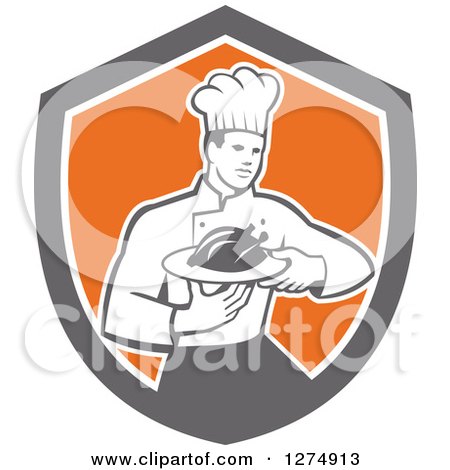 Clipart of a Retro Male Chef Holding a Roasted Chicken on a Plate in a Shield - Royalty Free Vector Illustration by patrimonio