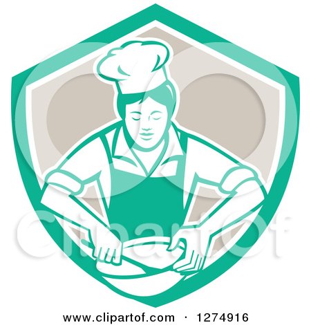 Clipart of a Retro Female Chef Mixing Ingredients in a Bowl Inside a Green White and Taupe Shield - Royalty Free Vector Illustration by patrimonio