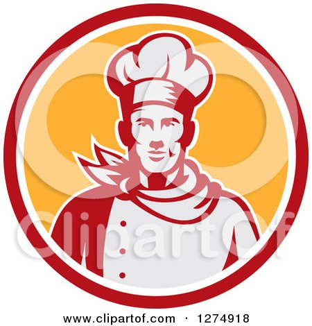 Clipart of a Retro Male Chef Bust in a Red White and Yellow Circle - Royalty Free Vector Illustration by patrimonio