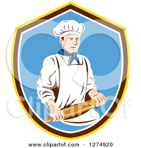 Clipart of a Retro Male Chef Holding a Rolling Pin in a Yellow Brown White and Blue Shield - Royalty Free Vector Illustration by patrimonio