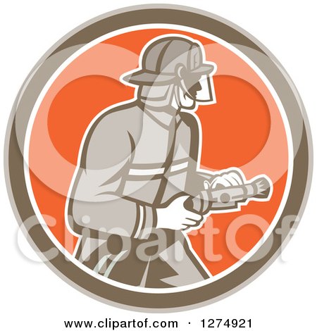 Clipart of a Retro Fireman Holding a Hose in a Brown White and Orange Circle - Royalty Free Vector Illustration by patrimonio
