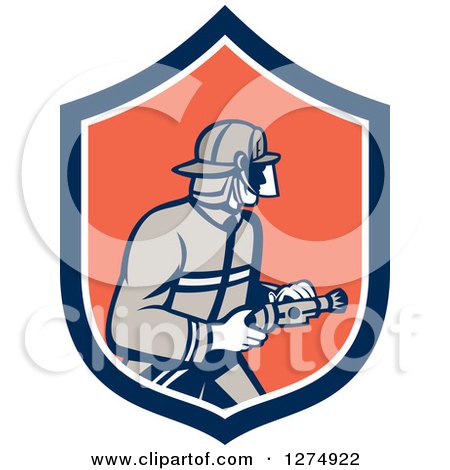 Clipart of a Retro Fireman Holding a Hose in a Blue White and Orange Shield - Royalty Free Vector Illustration by patrimonio