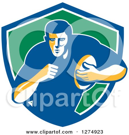 Clipart of a Retro Male Rugby Player Running in a Blue White and Green Shield - Royalty Free Vector Illustration by patrimonio