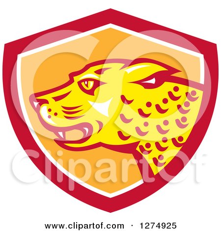 Clipart of a Jaguar Cat in a Red White and Orange Shield - Royalty Free Vector Illustration by patrimonio