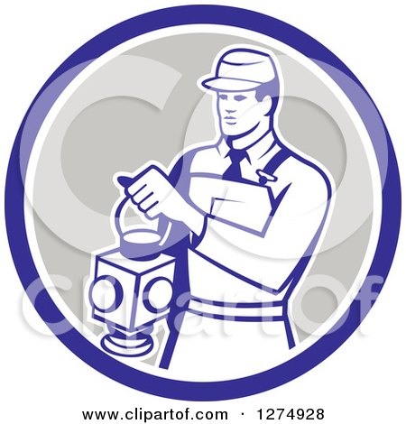 Clipart of a Retro Train Signaler Worker Man Holding a Lamp in a Blue White and Taupe Circle - Royalty Free Vector Illustration by patrimonio