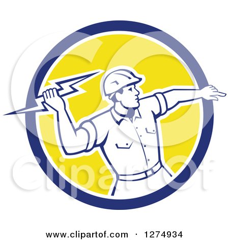 Clipart of a Retro Male Electrician Throwing a Lightning Bolt in a Blue White and Yellow Circle - Royalty Free Vector Illustration by patrimonio