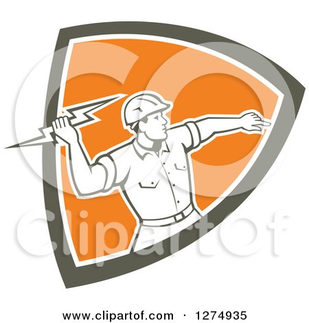 Clipart of a Retro Male Electrician Throwing a Lightning Bolt in a Brown White and Orange Shield - Royalty Free Vector Illustration by patrimonio