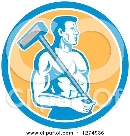 Clipart of a Retro Shirtless Male Worker with a Sledgehammer in a Blue White and Yellow Circle - Royalty Free Vector Illustration by patrimonio