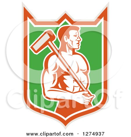 Clipart of a Retro Shirtless Male Worker with a Sledgehammer in a Taupe Orange White and Green Shield - Royalty Free Vector Illustration by patrimonio