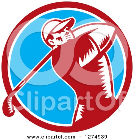 Clipart of a Retro Woodcut Male Golfer Swinging in a Red White and Blue Circle - Royalty Free Vector Illustration by patrimonio