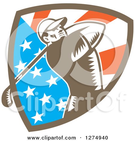 Clipart of a Retro Woodcut Male Golfer Swinging in an American Flag Shield - Royalty Free Vector Illustration by patrimonio