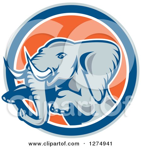 Clipart of a Retro Jumping Elephant in a Gray Blue White and Orange Circle - Royalty Free Vector Illustration by patrimonio