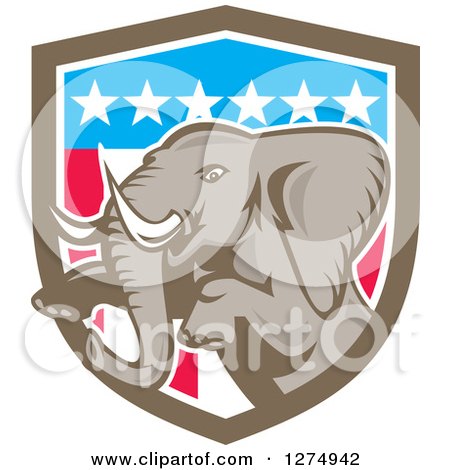Clipart of a Retro Jumping Elephant in an American Flag Shield - Royalty Free Vector Illustration by patrimonio