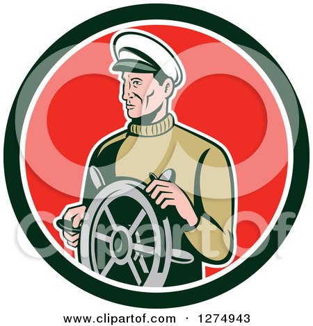 Clipart of a Retro Male Sea Captain at the Wheel in a Black White and Red Circle - Royalty Free Vector Illustration by patrimonio