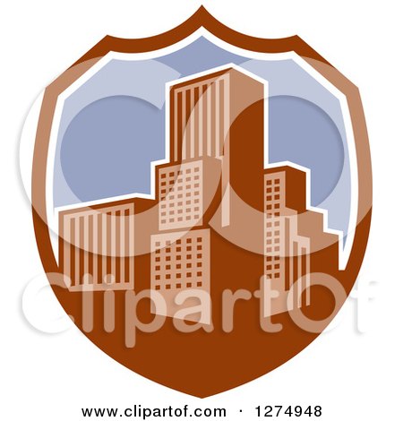 Clipart of a Retro City in a Brown White and Purple Shield - Royalty Free Vector Illustration by patrimonio