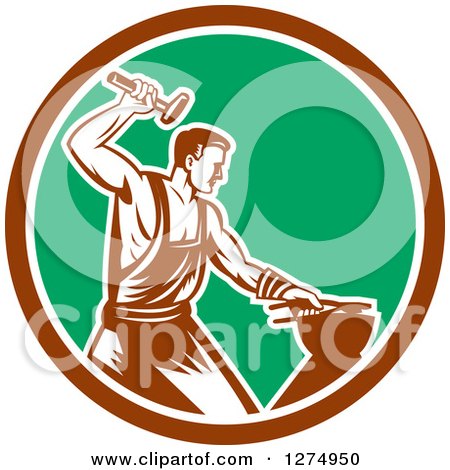 Clipart of a Retro Woodcut Blacksmith Hammering in a Brown White and Green Circle - Royalty Free Vector Illustration by patrimonio