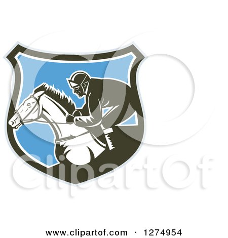 Clipart of a Retro Woodcut Racing Jockey in a Gray Brown White and Blue Shield - Royalty Free Vector Illustration by patrimonio