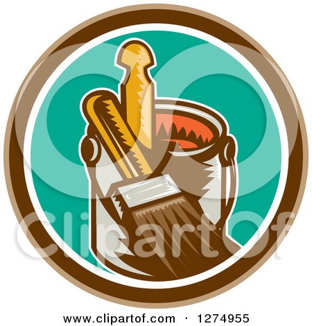 Clipart of a Retro Woodcut Paintbrush and Can in a Brown White and Turquoise Circle - Royalty Free Vector Illustration by patrimonio