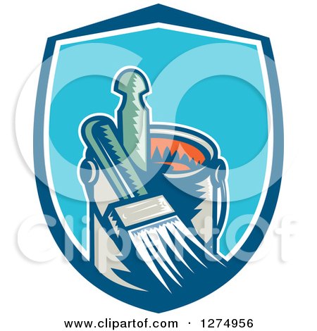 Clipart of a Retro Woodcut Paintbrush and Can in a Blue and White Shield - Royalty Free Vector Illustration by patrimonio