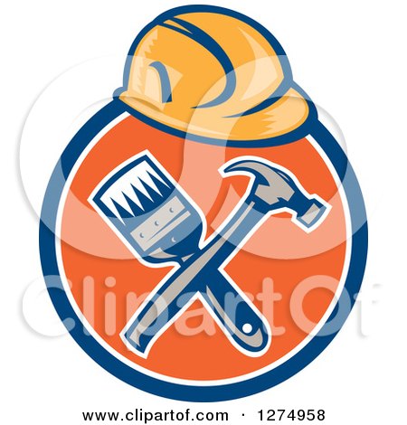 Clipart of a Retro Hardhat over a Crossed Hammer and Paintbrush in a Blue White and Orange Circle - Royalty Free Vector Illustration by patrimonio