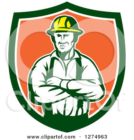 Clipart of a Retro Male Electrician or Construction Worker with Folded Arms in a Green White and Orange Shield - Royalty Free Vector Illustration by patrimonio