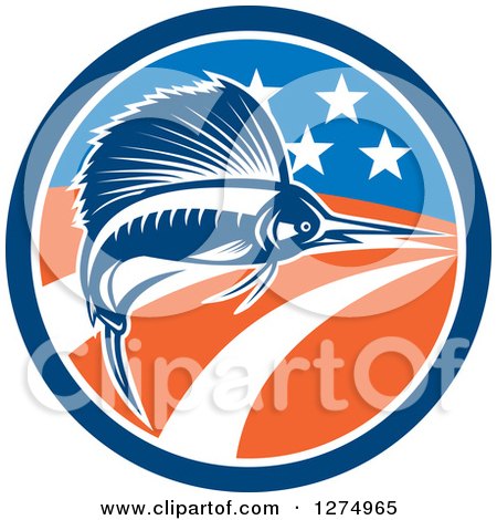 Clipart of a Retro Swimming Marlin Fish in an American Flag Circle - Royalty Free Vector Illustration by patrimonio
