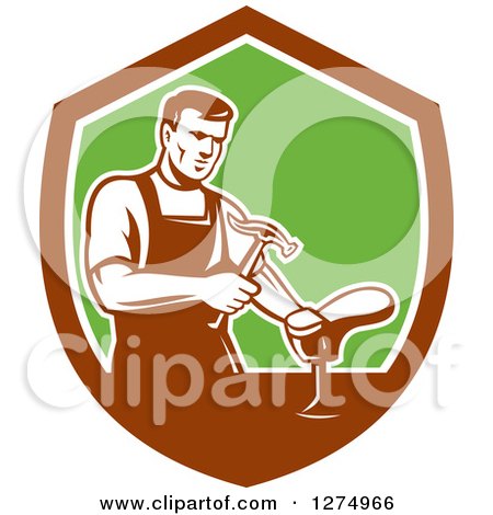 Clipart of a Retro Shoemaker Cobbler Working in a Brown White and Green Shield - Royalty Free Vector Illustration by patrimonio