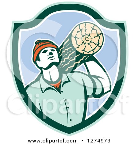 Clipart of a Retro Worker Carrying a Log in a Green White and Blue Shield - Royalty Free Vector Illustration by patrimonio