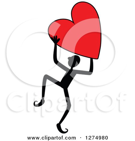 Clipart of a Black Stick Man Holding up a Red Heart - Royalty Free Vector Illustration by Prawny