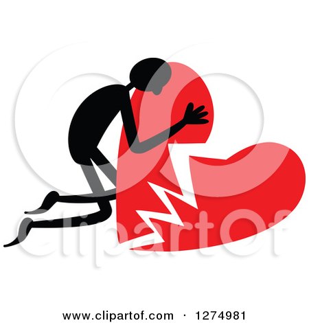 Clipart of a Black Stick Man Hugging a Broken Red Heart - Royalty Free Vector Illustration by Prawny